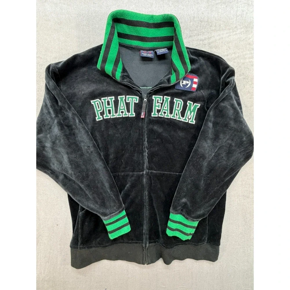 Youth Phat Farm Zip Up Jacket Black Green Size Large 14/16